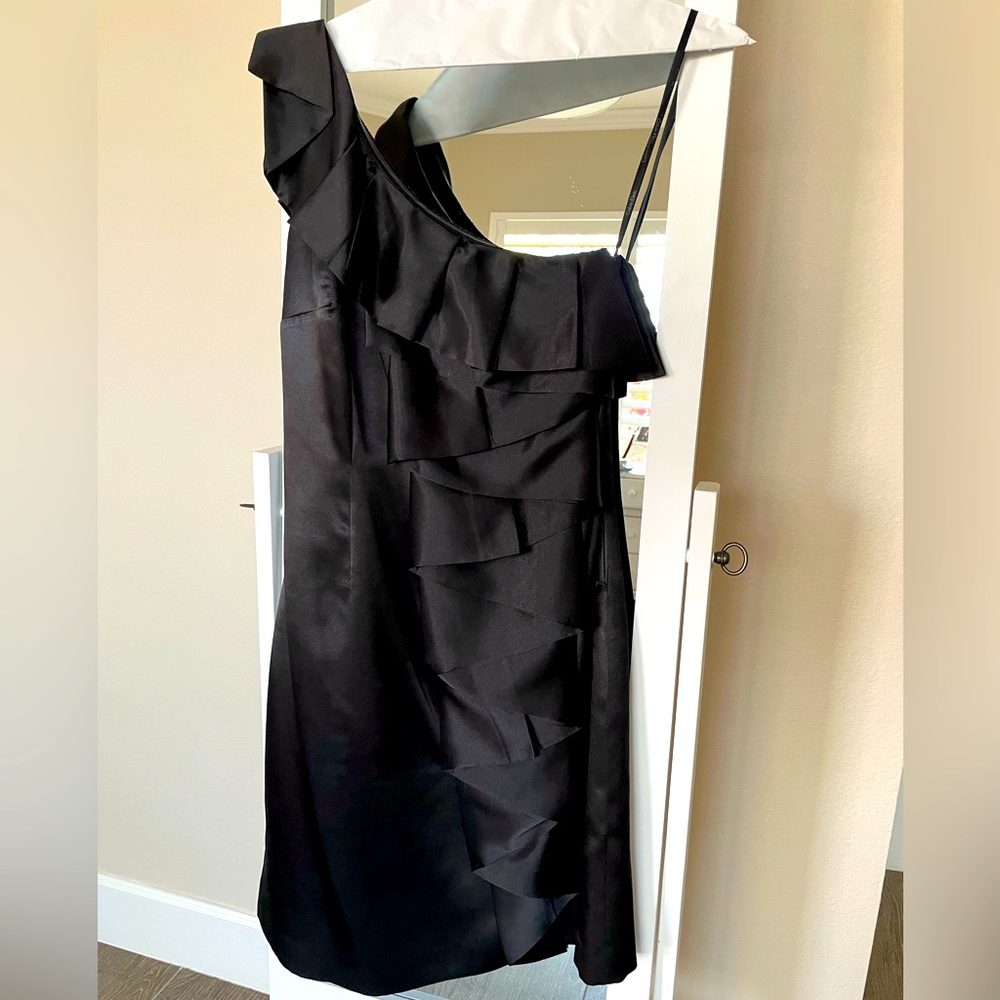 Calvin Klein One Shoulder Black Satin Ruffle Cocktail Dress